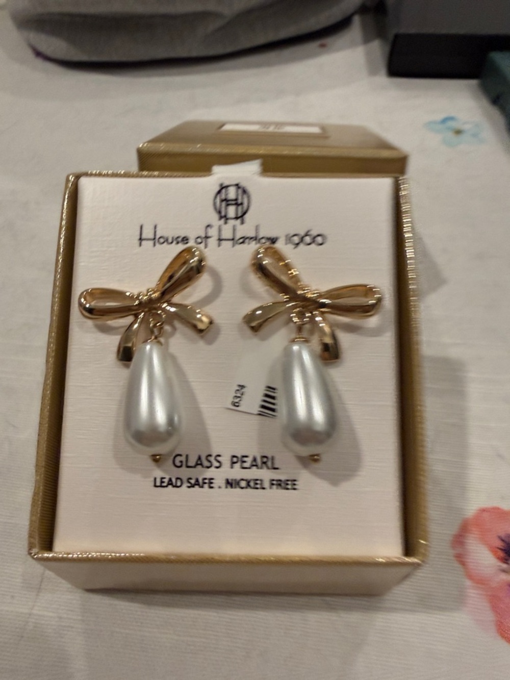 House of Harlow 1960 Gold Bow Earrings with White Pearl Drops